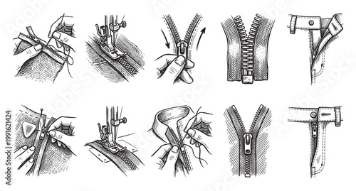 A collection of black and white line drawings demonstrates various steps involved in sewing and using a zipper, ideal for instructional materials.