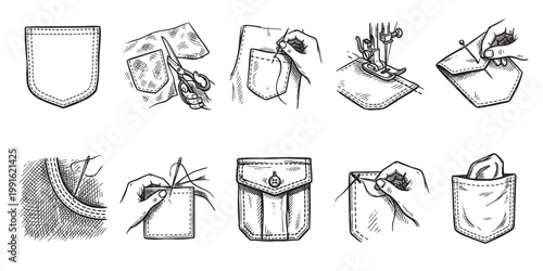 Hand-drawn line art illustrates the steps of sewing a pocket onto fabric, featuring cutting, stitching, and finishing techniques.