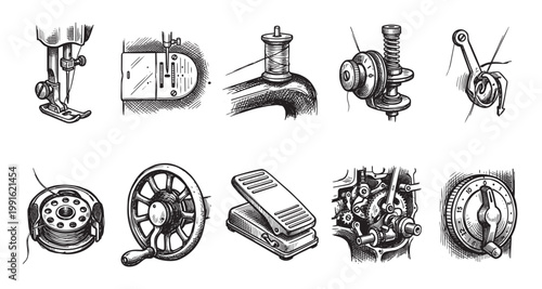 A collection of detailed, hand-drawn illustrations showcasing various components of a vintage sewing machine in a retro sketch style, ideal for historical or craft-related themes.
