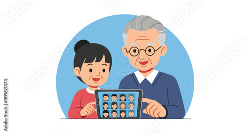 A smiling elderly couple with grey hair looks together at a digital tablet screen displaying a diverse grid of family members during a live video call.