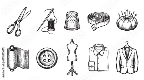 A collection of hand-drawn sewing tools and garments including scissors, thread, thimble, tape measure, pin cushion, fabric, button, mannequin, shirt, and jacket.