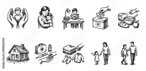 A collection of hand-drawn illustrations depicting acts of charity, kindness, and community support, including care for children, education, donations, and aid.