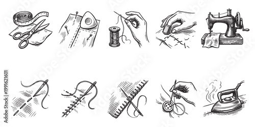 Collection of hand-drawn sketch icons illustrating various sewing and tailoring processes, including tools and techniques, with a vintage aesthetic.