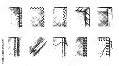 Hand-drawn illustration showcasing various fabric edge finishing and stitching techniques, including zigzag, serged, rolled hem, and overcast stitches, useful for sewing and tailoring education.