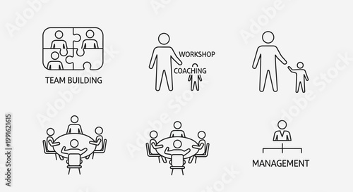 Team Building, Coaching, Management Icons: Business Collaboration and Leadership Concepts