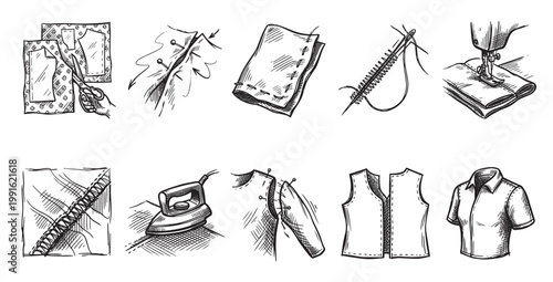 Collection of hand-drawn illustrations depicting the steps of sewing clothing, from cutting fabric to the finished shirt.