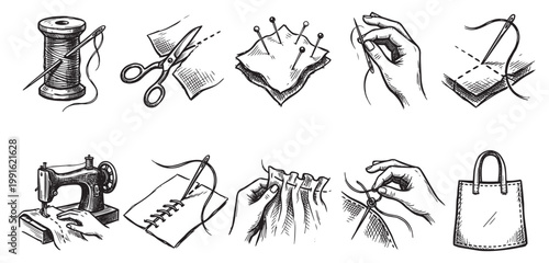 A set of ten hand-drawn sketch illustrations depict various sewing and crafting steps, from cutting fabric to stitching a bag.