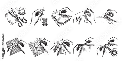 This set of line art illustrations depicts various sewing and crafting actions performed by hands, including cutting fabric, threading needles, and stitching.