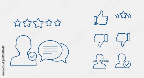 Customer Feedback Icons: Stars, Thumbs Up/Down, Client Experience, Reviews