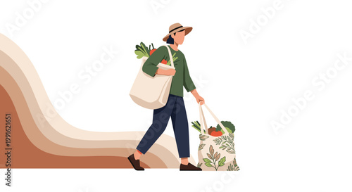 A woman wearing a wide-brimmed sun hat and green shirt walks gracefully while carrying two reusable canvas bags overflowing with fresh garden vegetables.