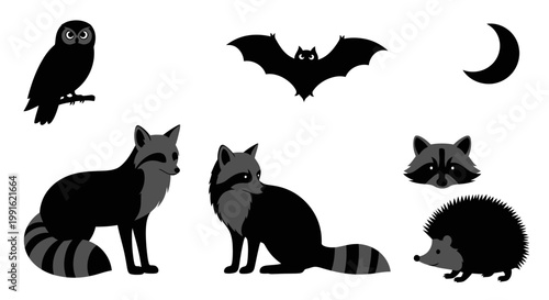 Black silhouettes of forest nocturnal animals.