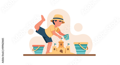 A playful young boy wearing a yellow hat and shirt balances on one leg while carefully constructing a detailed sandcastle with several blue buckets.