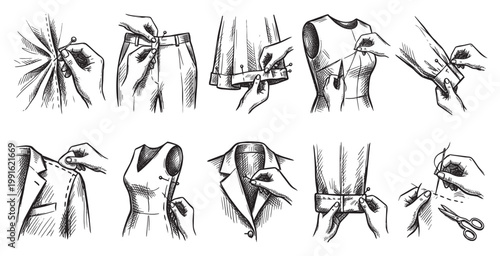 A sketch-style illustration shows hands performing various fashion design and tailoring tasks, including pinning fabric, adjusting garments, and sewing.