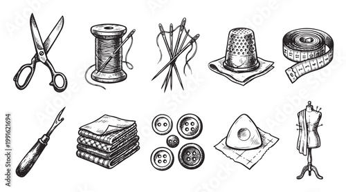 A collection of hand-drawn black and white sewing supplies arranged on a white background, perfect for illustrating crafts and design.