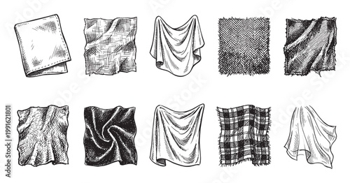 A hand-drawn sketch collection showcasing diverse fabric textures and patterns including draped cloth, herringbone, and plaid in black and white.