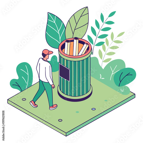 Ashtray with cigarettes and man walking nearby.