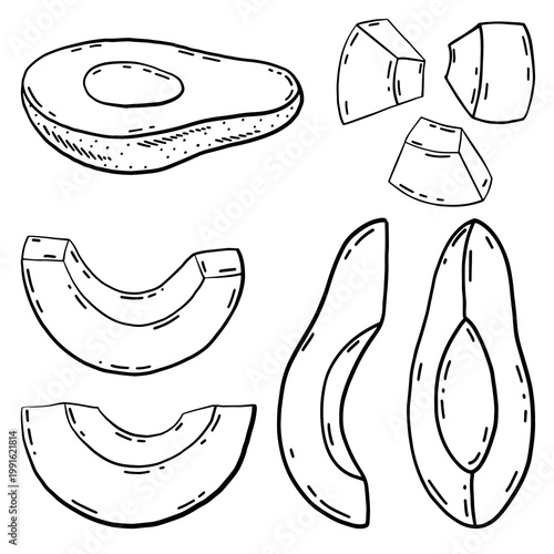 Vector set of hand drawn avocado slices and pieces. Isolated outline sketches of cut tropical fruit for healthy lifestyle design, recipe cards and botanical illustrations.