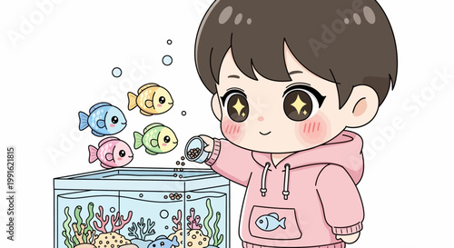 Child looking at fish tank with colorful fish.