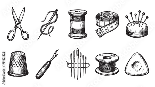 Hand-drawn vintage sewing kit essentials including scissors, needle, thread, pins, thimble, tape measure, and chalk in a monochrome sketch style on white background.
