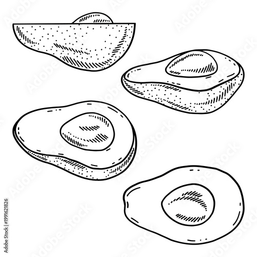 Vector set of hand drawn avocado slices and pieces. Isolated outline sketches of cut tropical fruit for healthy lifestyle design, recipe cards and botanical illustrations.