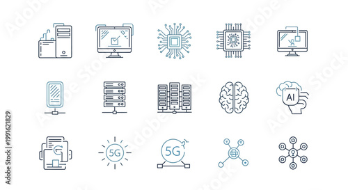 Technology Icons: AI, 5G, Computer, Brain, Server, Chip, Monitor, Printer