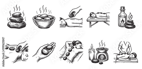 This ink sketch collection illustrates various elements of hot stone massage therapy, including steaming stones, massage oils, and therapists performing treatments.