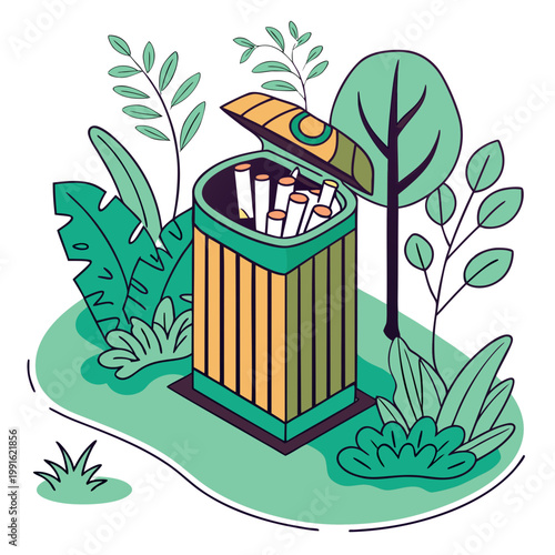 Ashtray full of cigarette butts with plants.