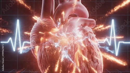 3D Animation of a Beating Human Heart with Glowing EKG Monitor Line