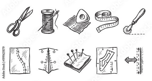 Hand drawn black and white sketch of sewing and tailoring tools arranged on a white background, conveying creativity and craftsmanship for DIY projects and fashion.