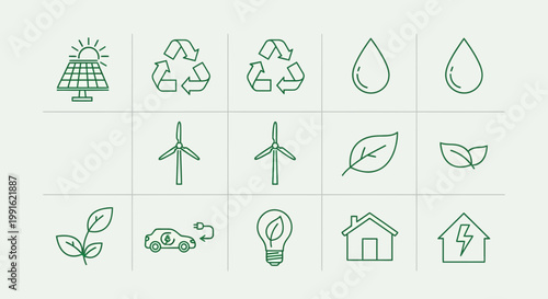 Eco-friendly energy icons: solar panel, recycling, water drop, wind turbine, leaf, electric car, light bulb, house