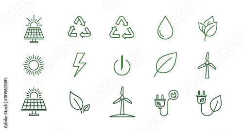 Eco-friendly energy icons: solar panels, wind turbines, recycling, water drop, leaf, plug