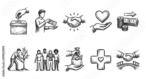 Hand drawn vector icons depicting acts of charity, donation, kindness, and community support, perfect for illustrating concepts of giving and helpfulness.