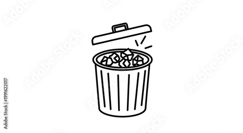 Open Trash Can Filled with Crumpled Paper, Lid Ajar, Clean Design