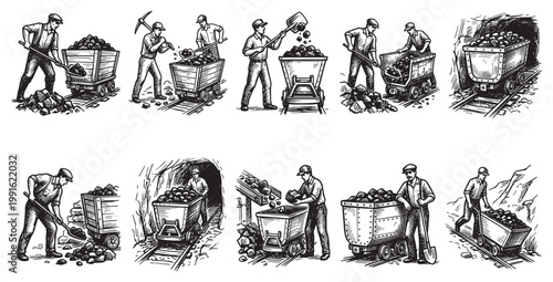 A vintage illustration set depicts coal miners engaged in various mining activities using shovels, pickaxes, and mine carts in and around a dark mine shaft.
