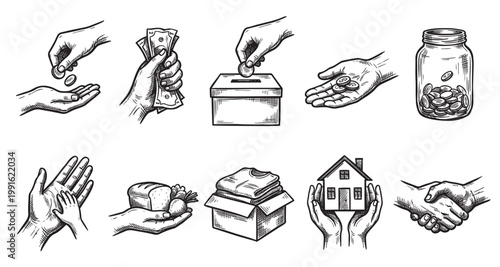 This illustration collage depicts various acts of giving and charity, including donating money, food, clothes, and shelter.