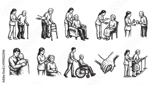 This black and white illustration collage depicts healthcare professionals providing care and support to elderly individuals in various everyday scenarios, showcasing compassion and assistance.