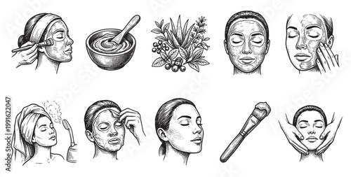 A collection of line art illustrations depicting various skincare and beauty treatments, including face masks, steaming, and facial massages for healthy skin.