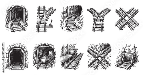 A collection of hand-drawn illustrations depicting mine cart tracks, switches, tunnels, and crossings in a vintage, sketchy style.