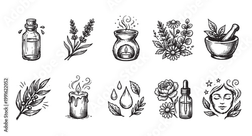 A collection of charming hand-drawn icons featuring elements of herbal medicine, aromatherapy, and spa treatments, perfect for wellness brands.