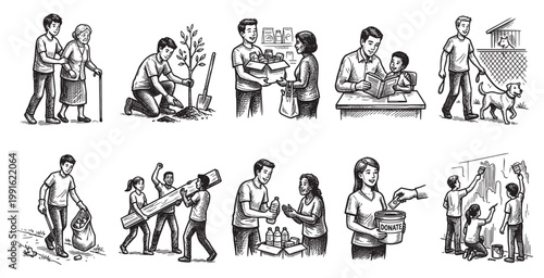 Diverse group of people engaged in selfless acts of kindness and community service, illustrated in a charming black and white sketch style.