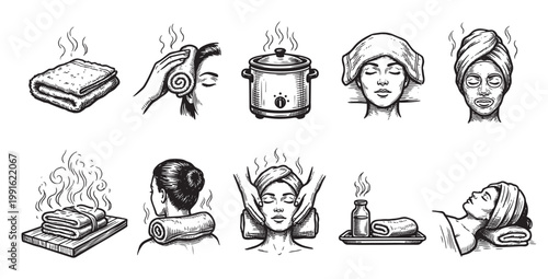 A vintage black and white sketch collection depicts various spa treatments including hot towels, facial masks, massage, and aromatherapy, evoking relaxation and self-care.