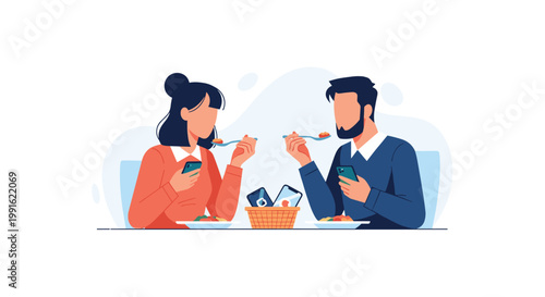 A young man and woman sit together at a white dining table eating a meal while both are completely absorbed in their individual smartphone screens.