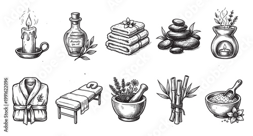 A charming sketch of spa items including a candle, oil, towels, stones, diffuser, robe, massage table, mortar, bamboo and salt bowl for a tranquil, relaxing experience.