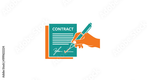Hand holding pen signing contract document.