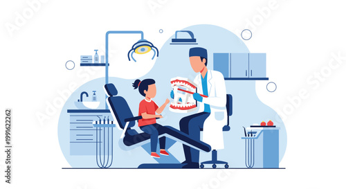 A male dentist uses a realistic jaw model to demonstrate brushing techniques to a young girl in a modern dental clinic with a clean blue environment.