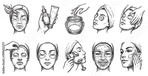 This black and white illustration collection showcases various facial skincare treatments including applying masks, serums, and eye patches, perfect for beauty and wellness content.