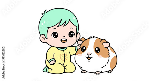 Little boy with green hair and guinea pig.