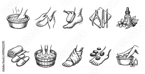 A collection of hand-drawn icons illustrating various foot spa and pedicure treatments, including foot soaks, massages, and essential tools for a relaxing self-care routine.