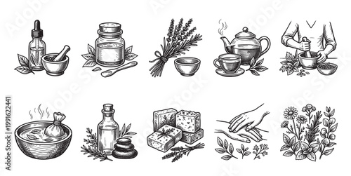 Hand-drawn collection of illustrations depicting herbal remedies, spa treatments, and wellness items in a vintage style, perfect for health and beauty concepts.