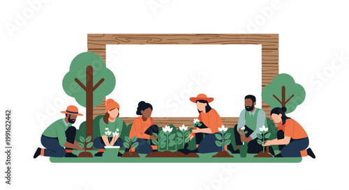 A group of diverse community volunteers works together to plant white flowers in a garden bed in front of a wooden sign in a garden with lush green and brown tones.